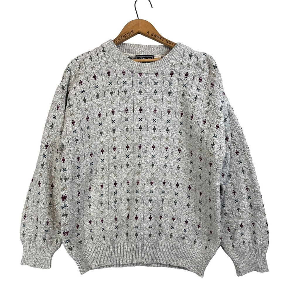 Peconic Bay Traders Mens Large Crewneck Sweater Gray Geometric Pattern Made USA - Picture 2 of 8